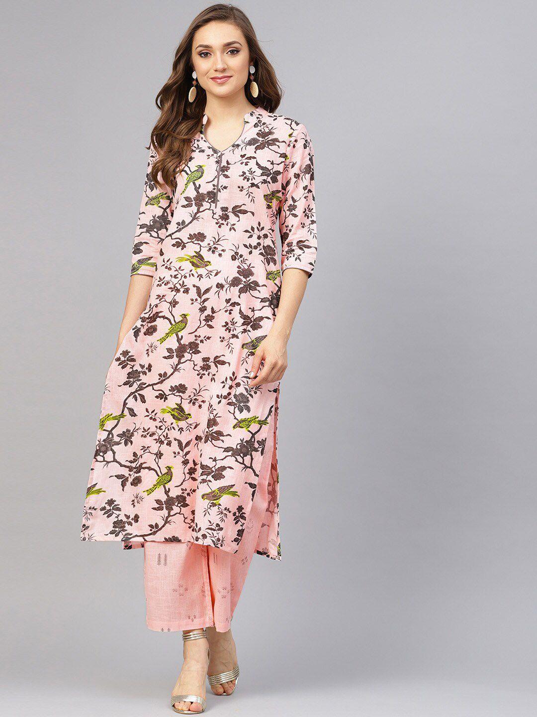 idalia ethnic motifs printed mandarin collar a-line ure cotton kurta with palazzos