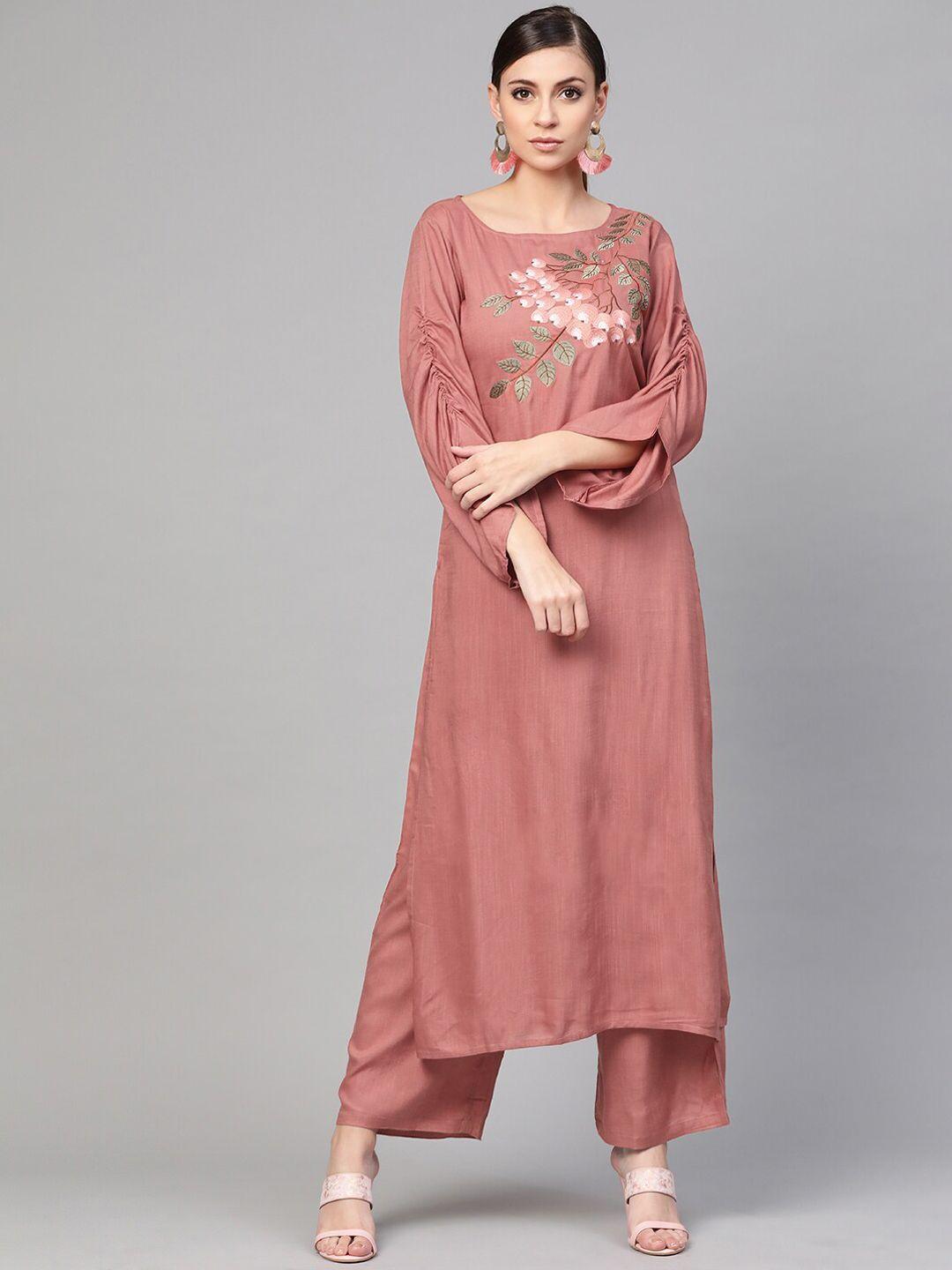 idalia floral embroidered ruched detail kurta with trousers