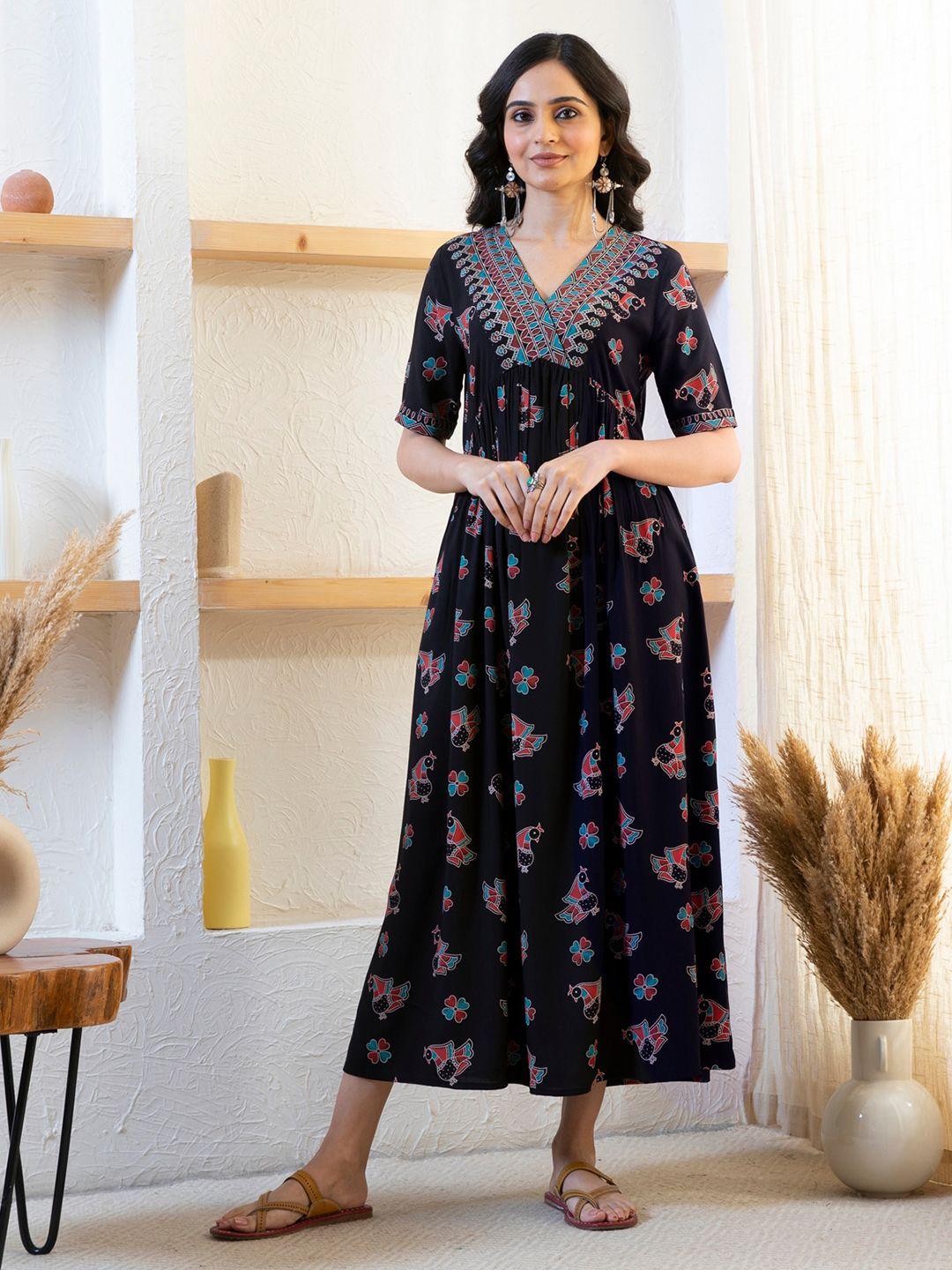 rustorange ethnic motif printed empire midi ethnic dress