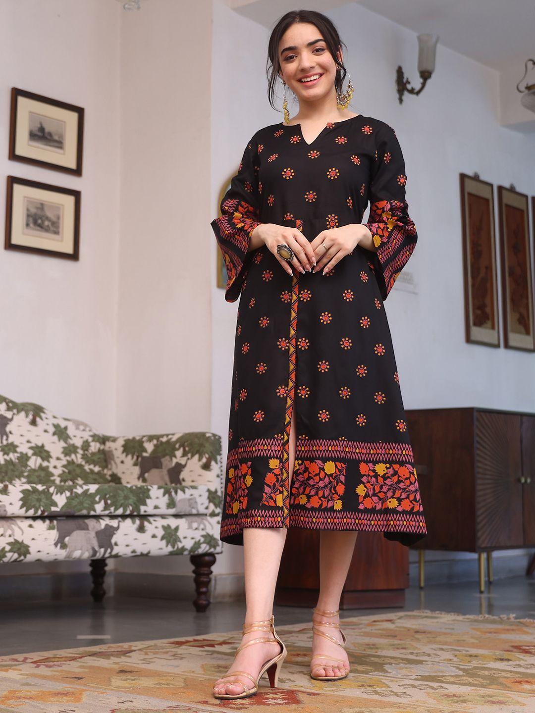 rustorange floral print a-line midi ethnic dress