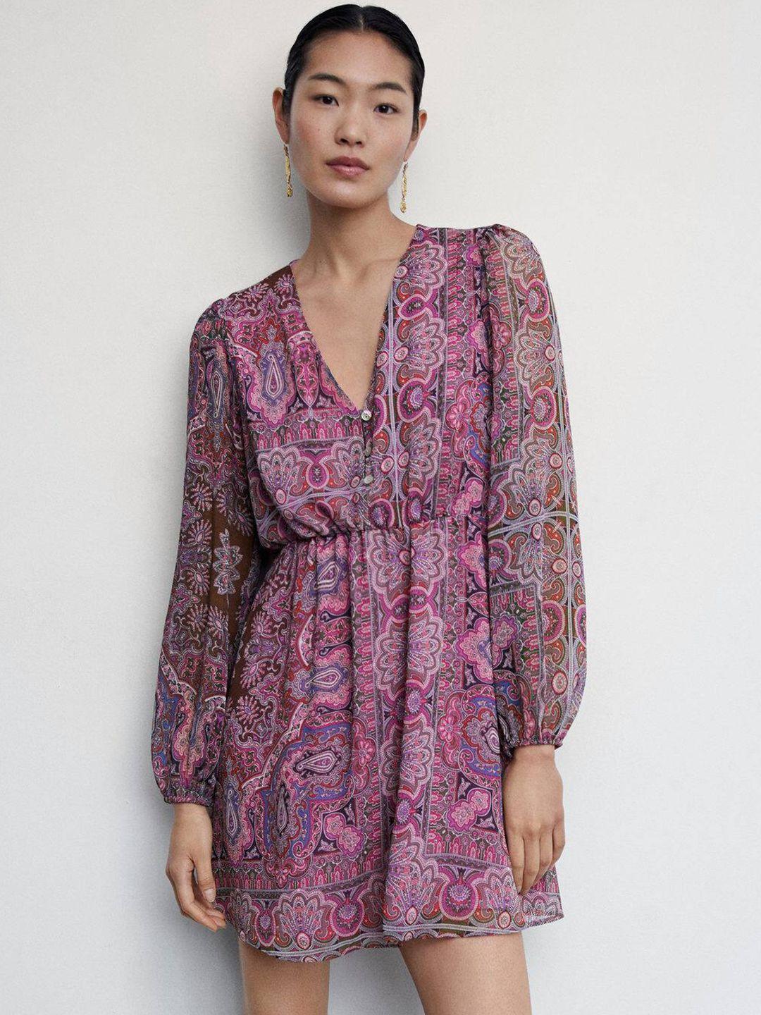 mango ethnic motifs print puff sleeves a-line dress