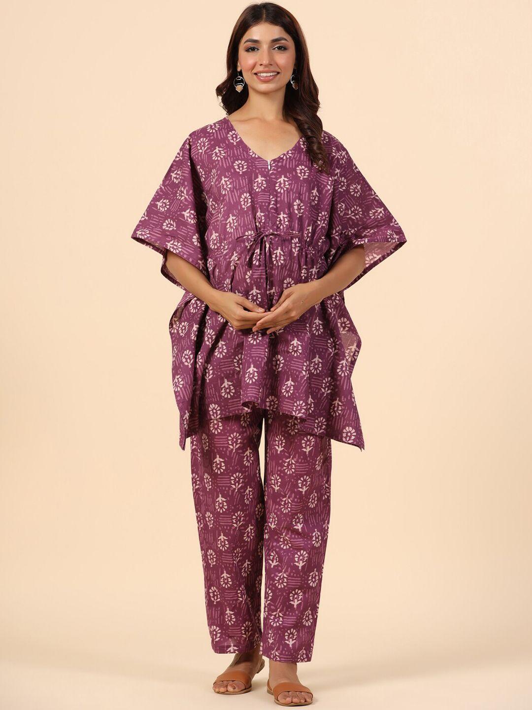 ikk kudi by seerat v-neck ethnic motifs printed maternity pure cotton kurti with trousers