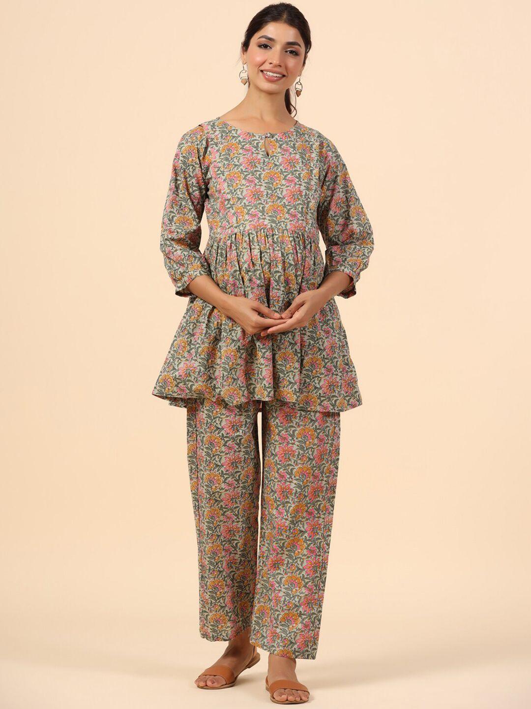 ikk kudi by seerat  floral printed a-line maternity pure cotton kurti with trousers