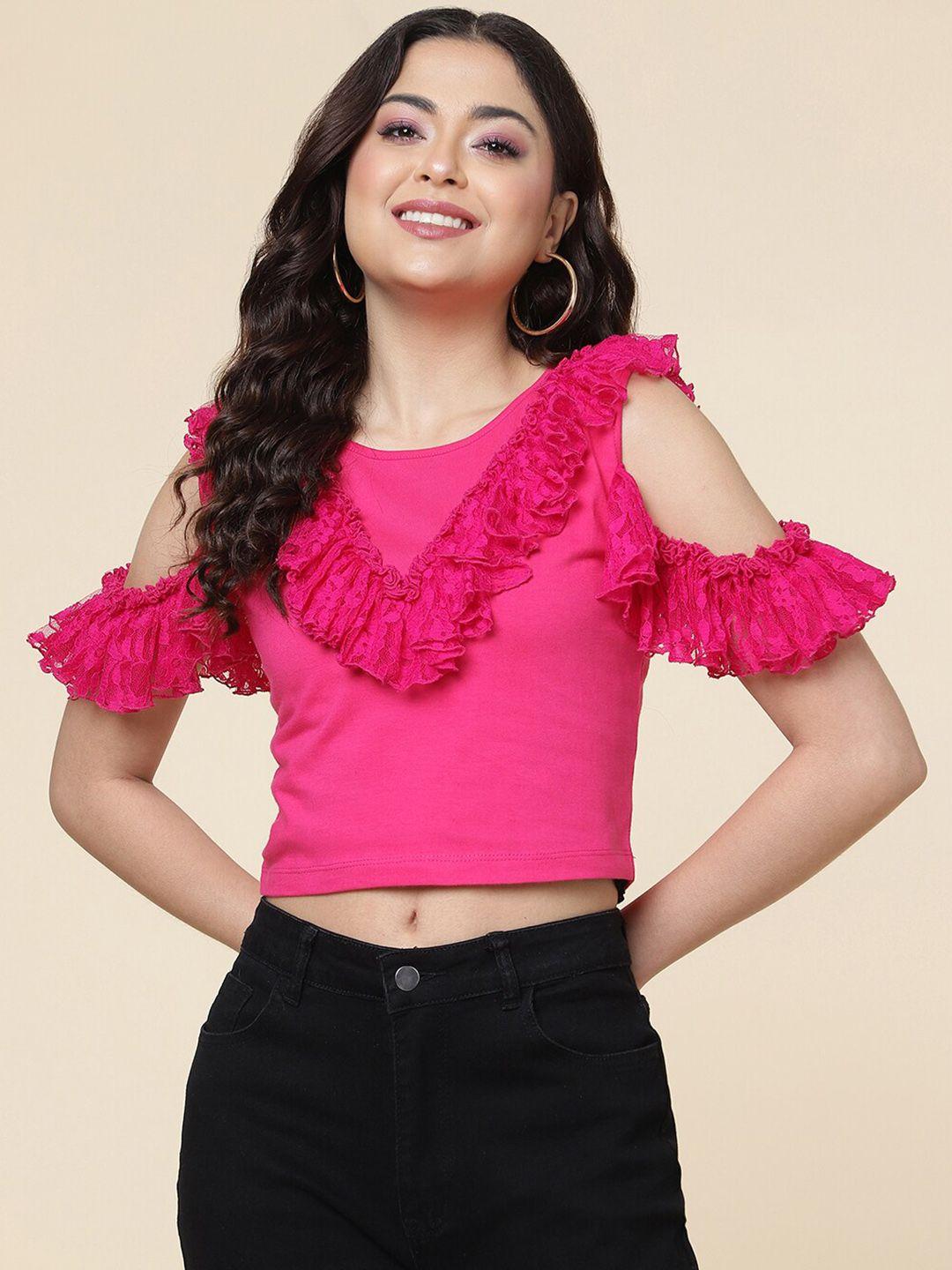 a.t.u.n. cold-shoulder ruffles pure cotton crop top