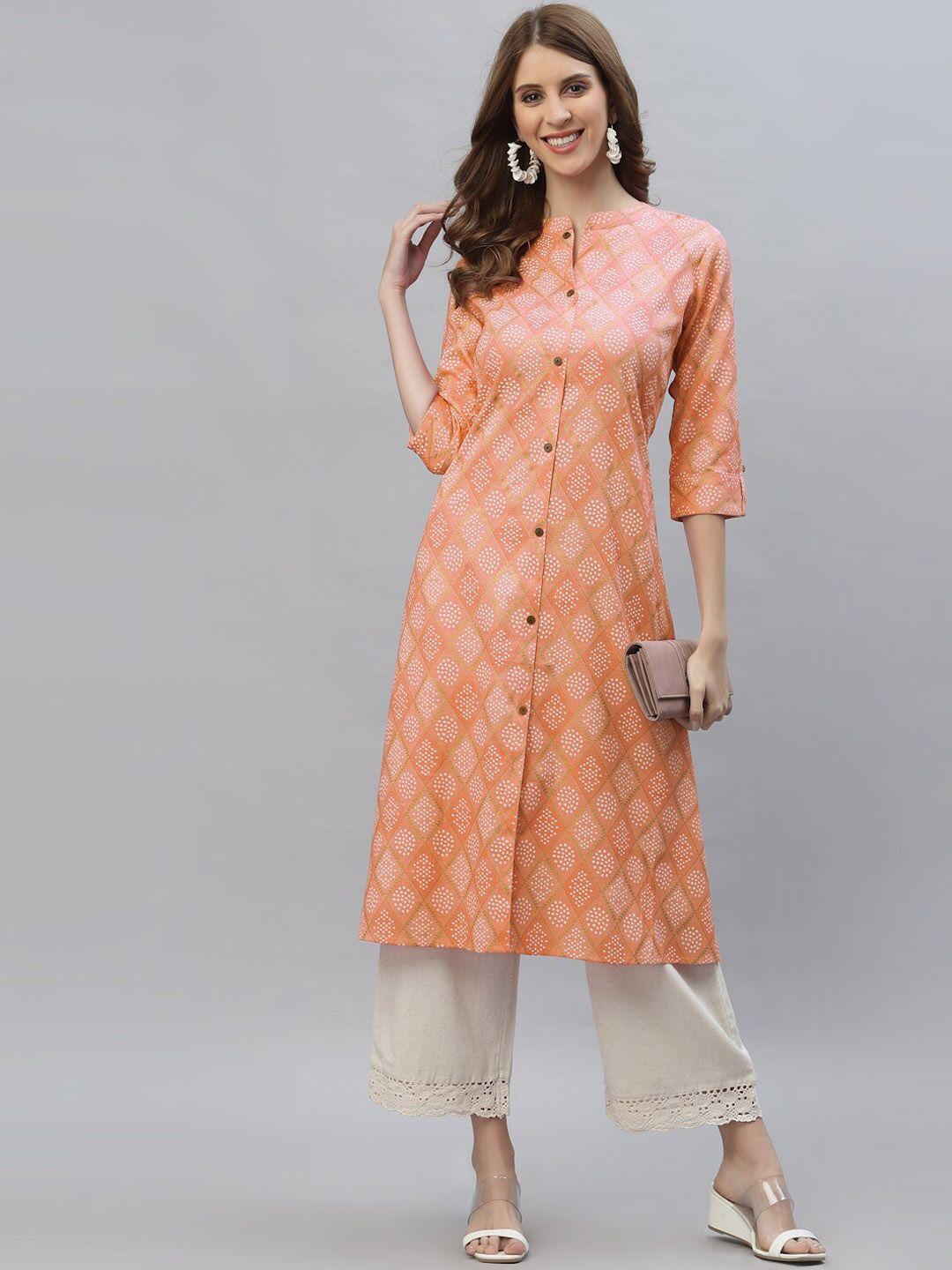 stylum band collar ethnic motifs bandhani printed straight cotton kurta