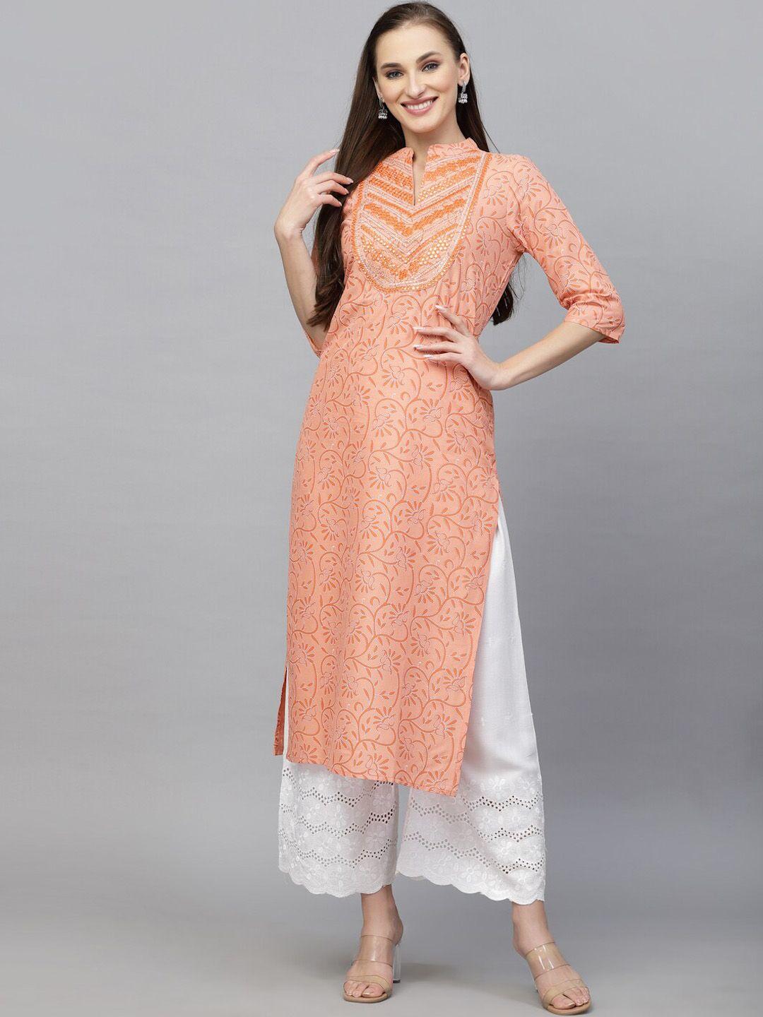 stylum ethnic motifs printed mirror work floral screen print kurta