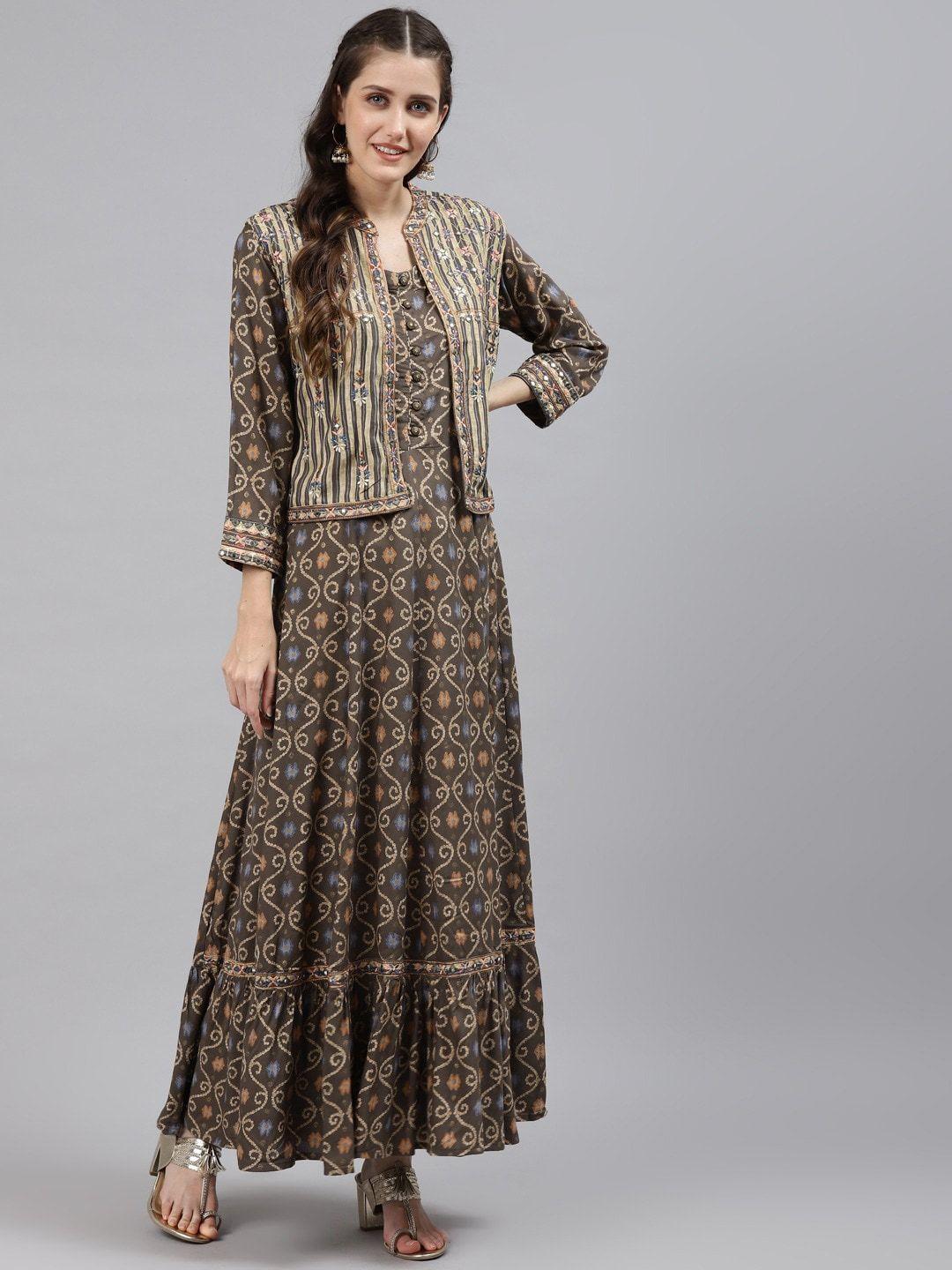 readiprint fashions ethnic motifs printed cotton anarkali kurta with embroidered jacket