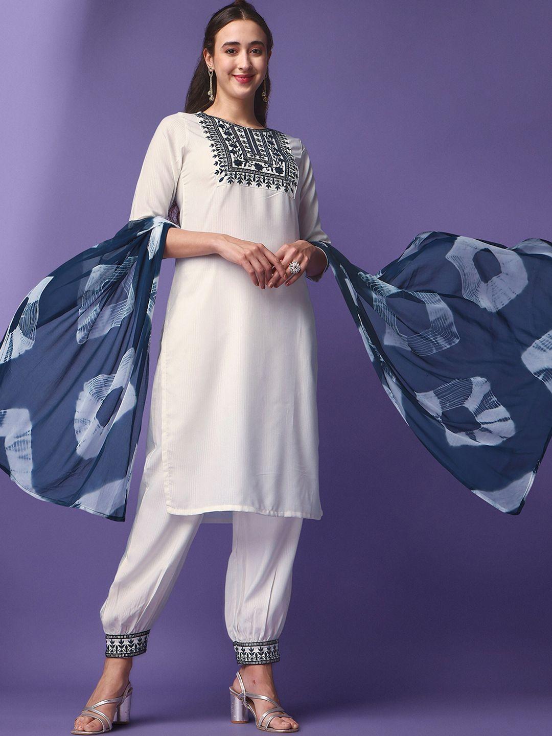 aspora floral embroidered kurta with salwar & dupatta