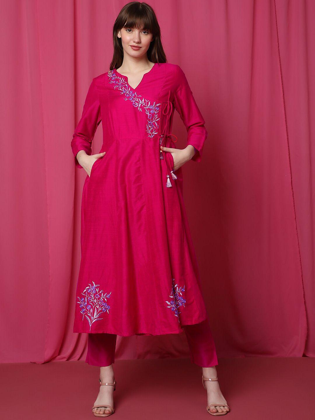 indifusion floral embroidered v neck thread work angrakha kurta