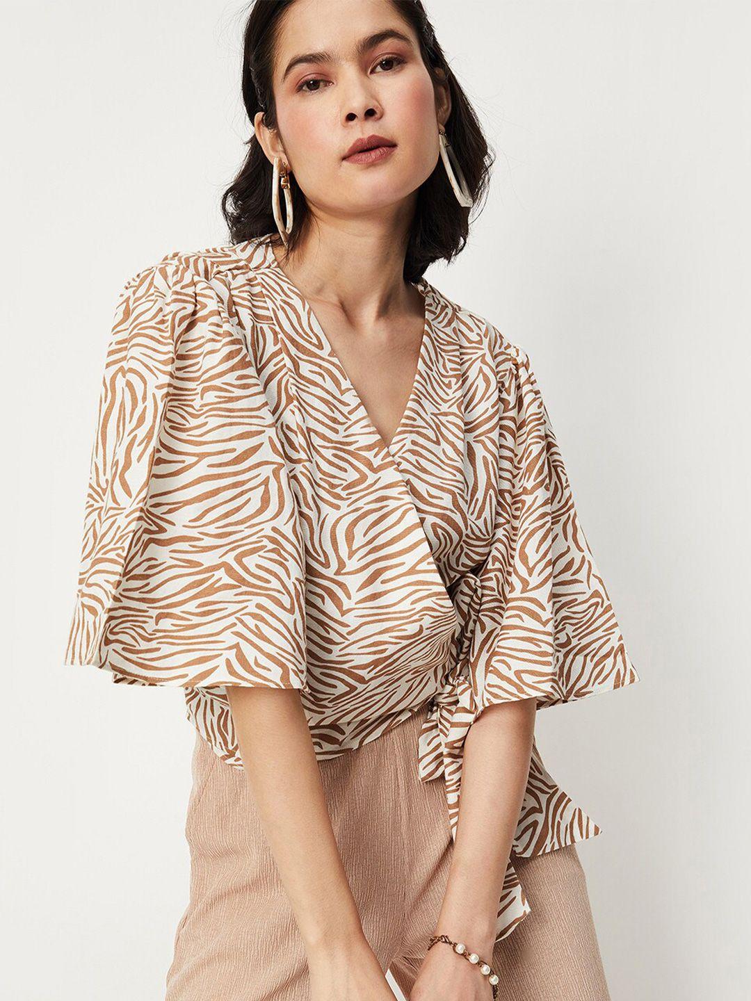 max print flared sleeve waist tie-ups wrap top