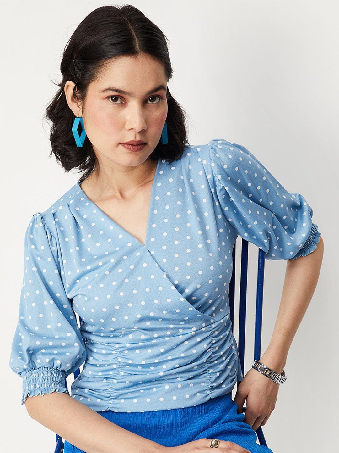 max polka dots print puff sleeve wrap top