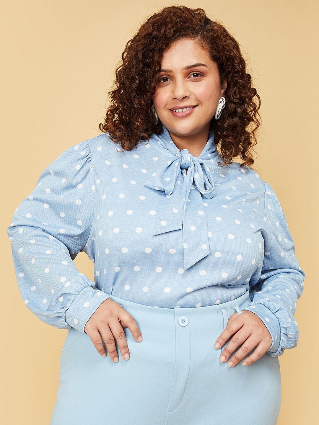 max plus size polka dots printed tie-up neck  puff sleeves top