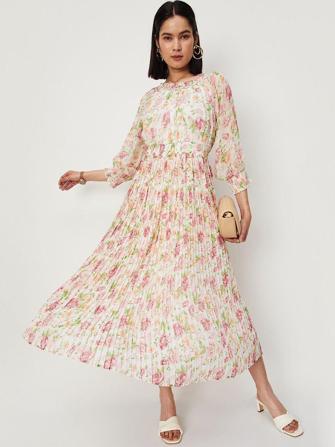 max floral printed puff sleeve accordion pleats fit & flare midi dress