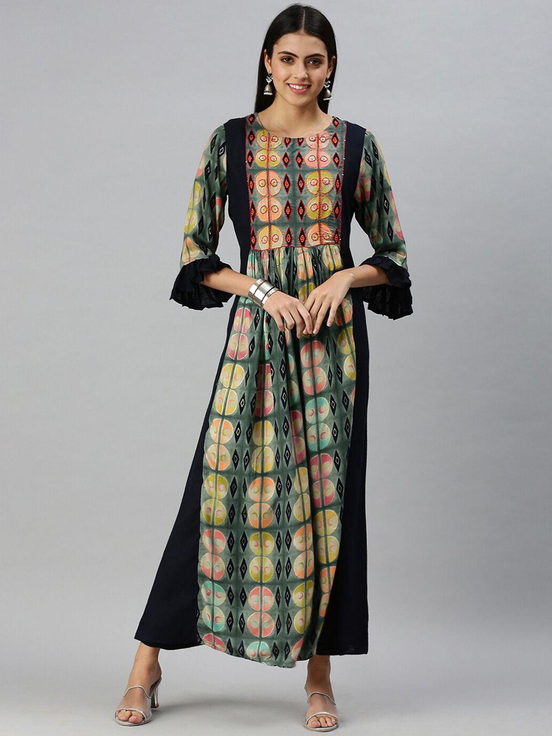 showoff geometric printed embroidered cotton maxi ethnic dress