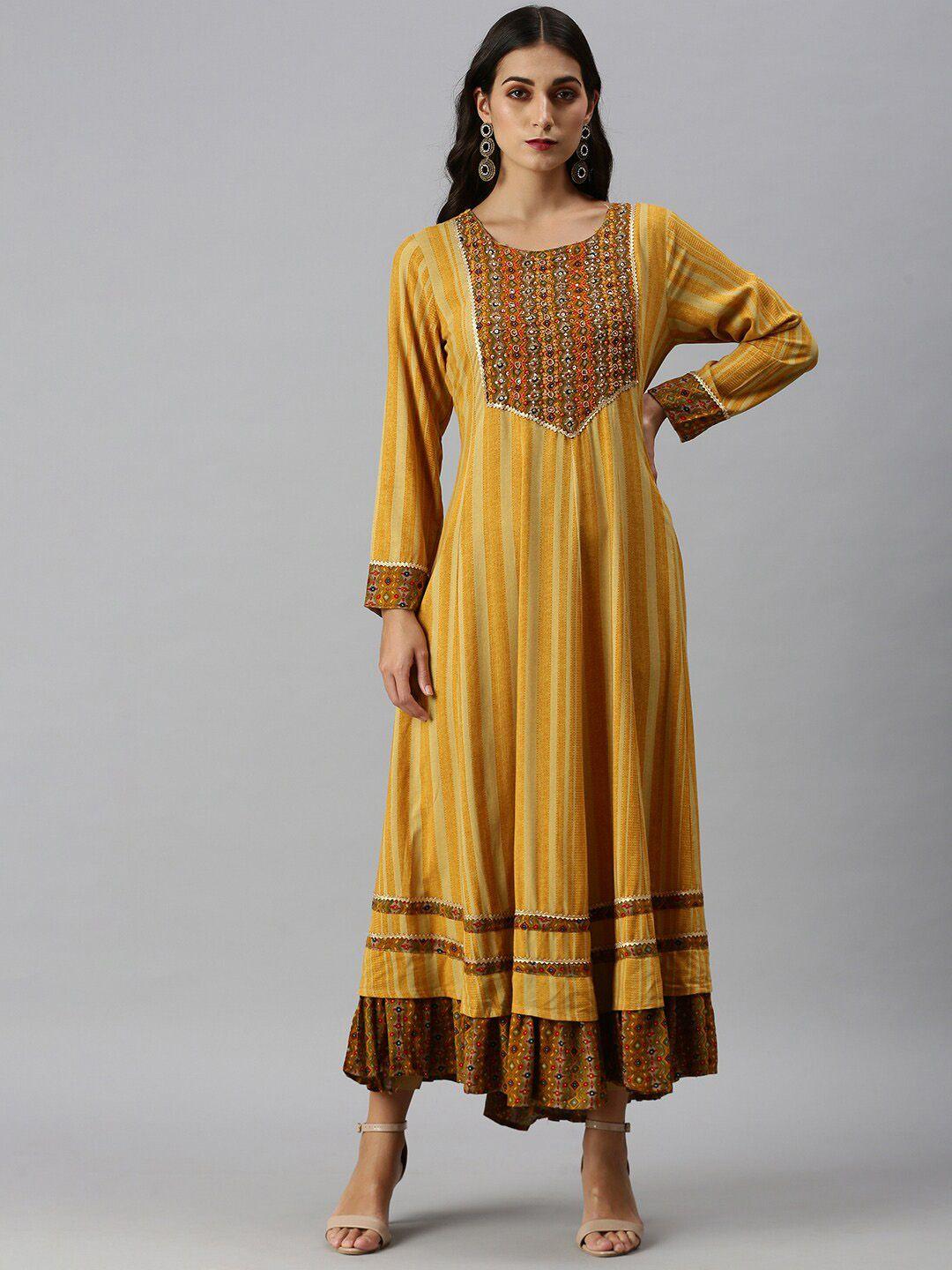 showoff striped embroidered a-line ethnic dress