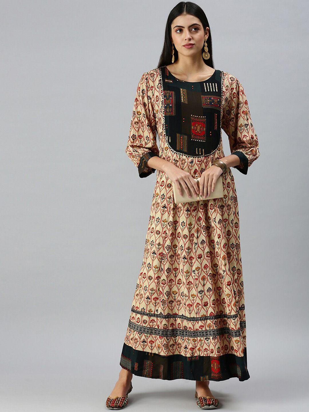 showoff floral printed puff sleeves sequinnned a-line ethnic dress