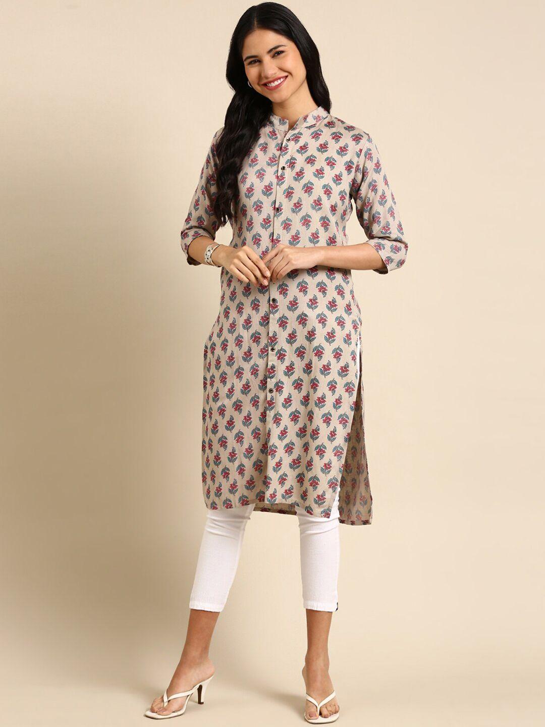 showoff floral printed band collar art slik kurta