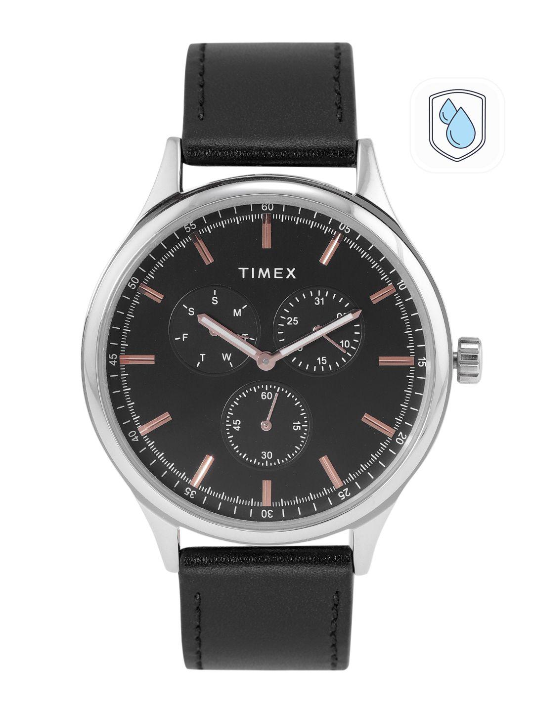 timex men brass dial & leather straps analogue multi function watch tweg184smu06