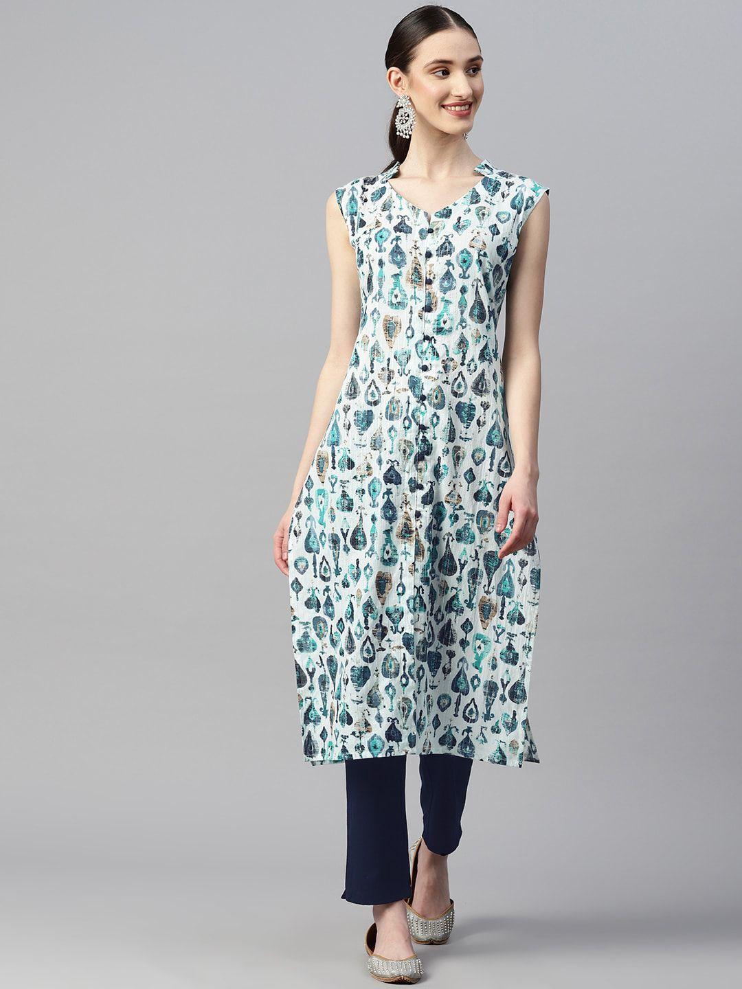 indibelle abstract printed v-neck sleeveless pure cotton kurta