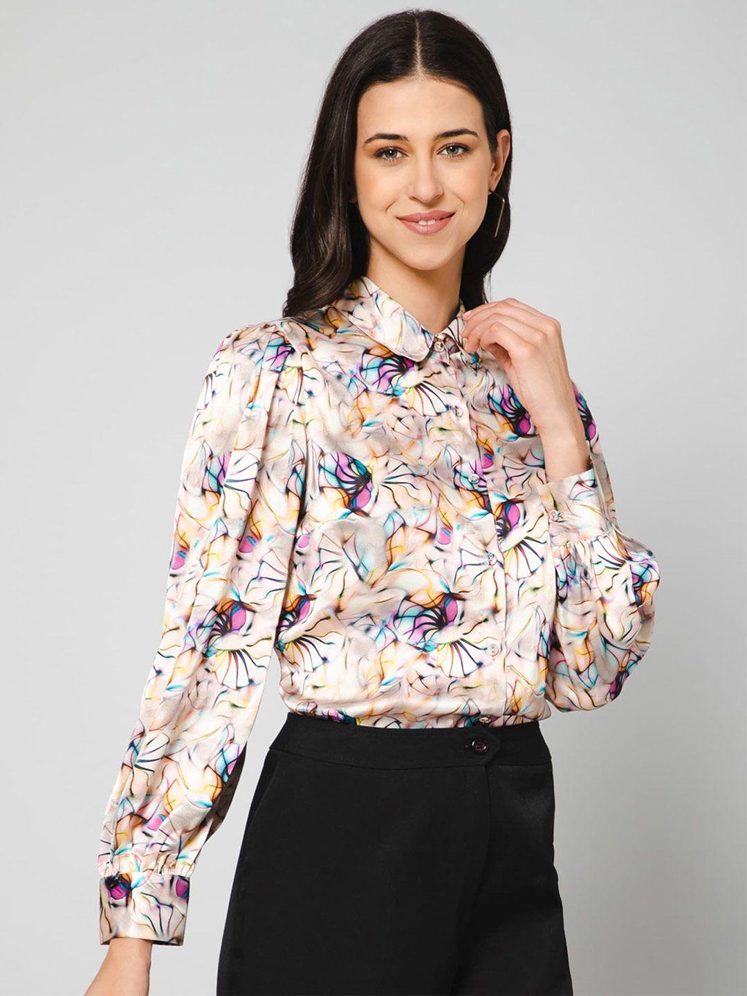 purys women printed satin regular fit casual shirt