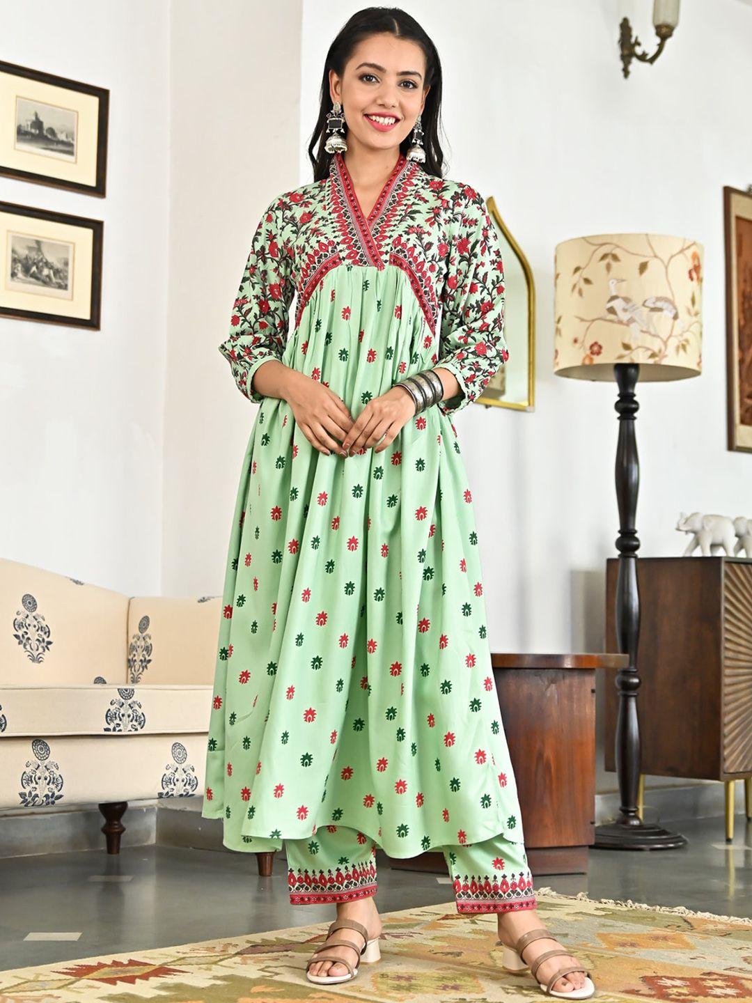 rustorange floral printed a-line pleated kurta with trousers