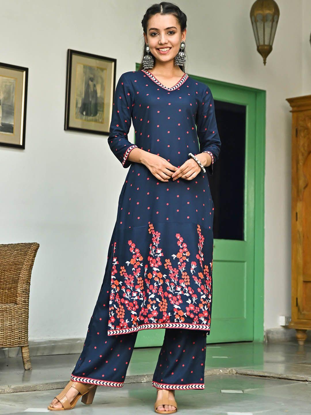 rustorange floral printed v-neck kurta with palazzos