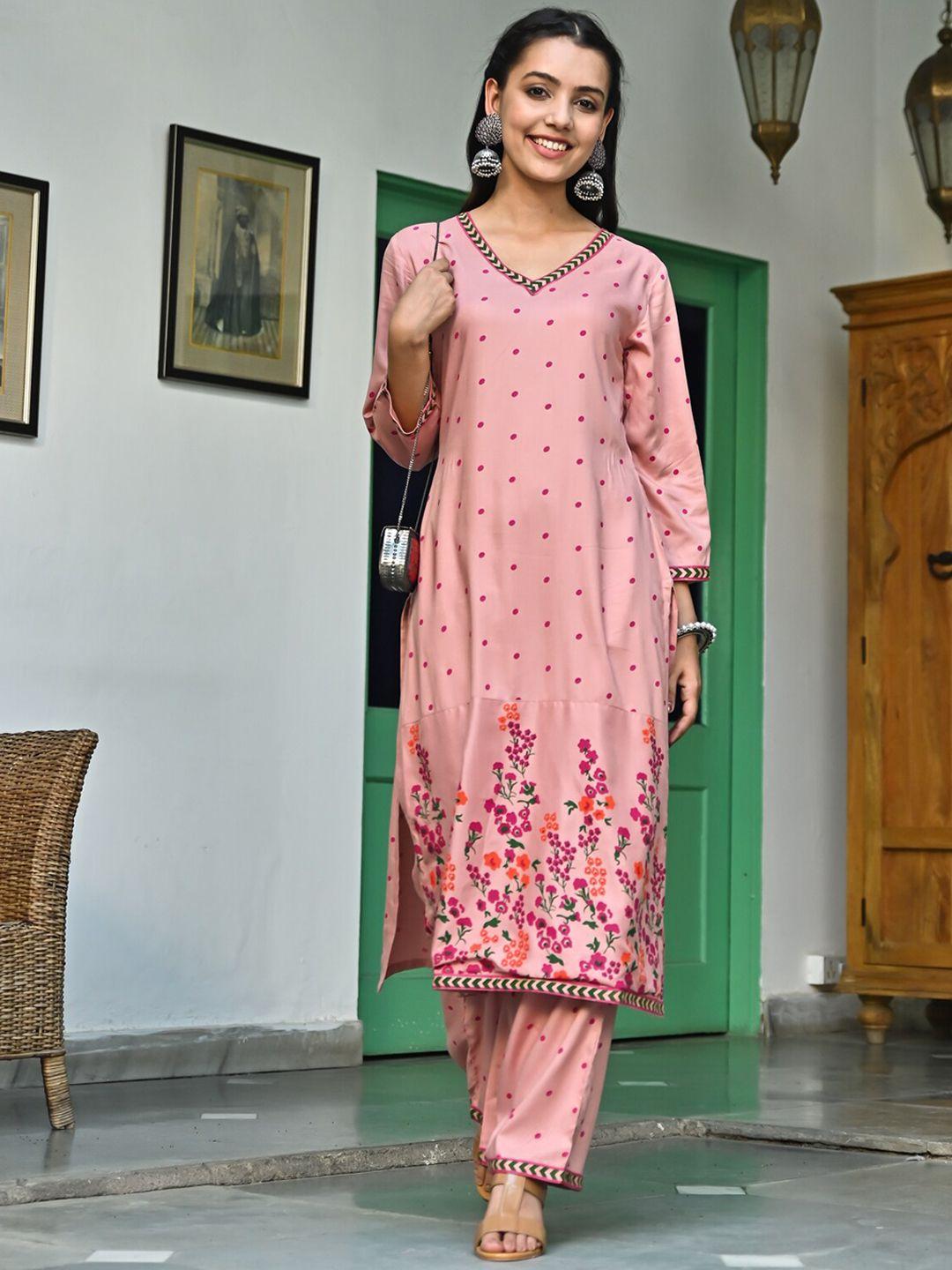 rustorange floral printed v-neck kurta with trousers