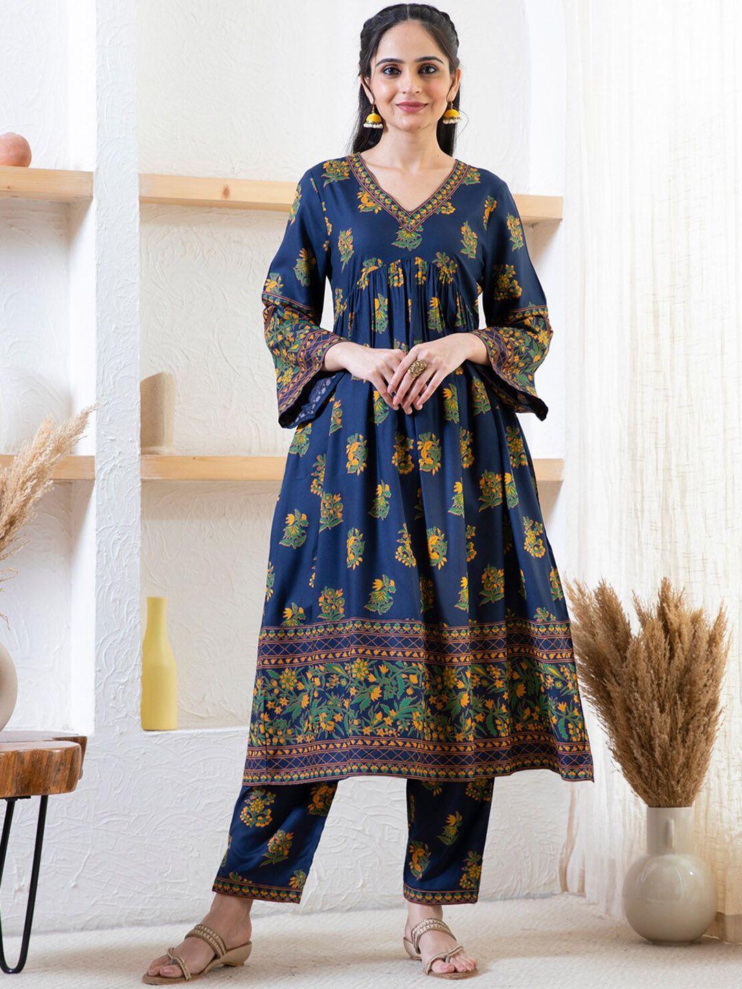 rustorange floral printed flared sleeves pleated kurta with salwar