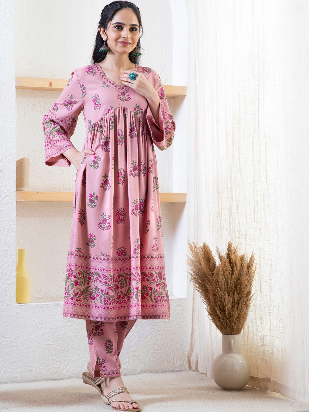 rustorange floral printed a-line pleated kurta with trousers