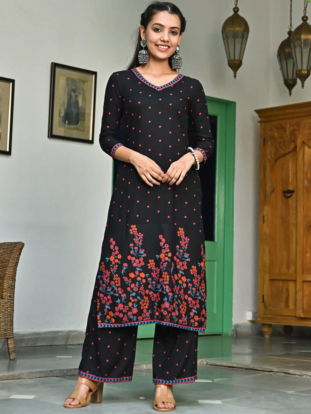 rustorange floral printed v-neck kurta with palazzos