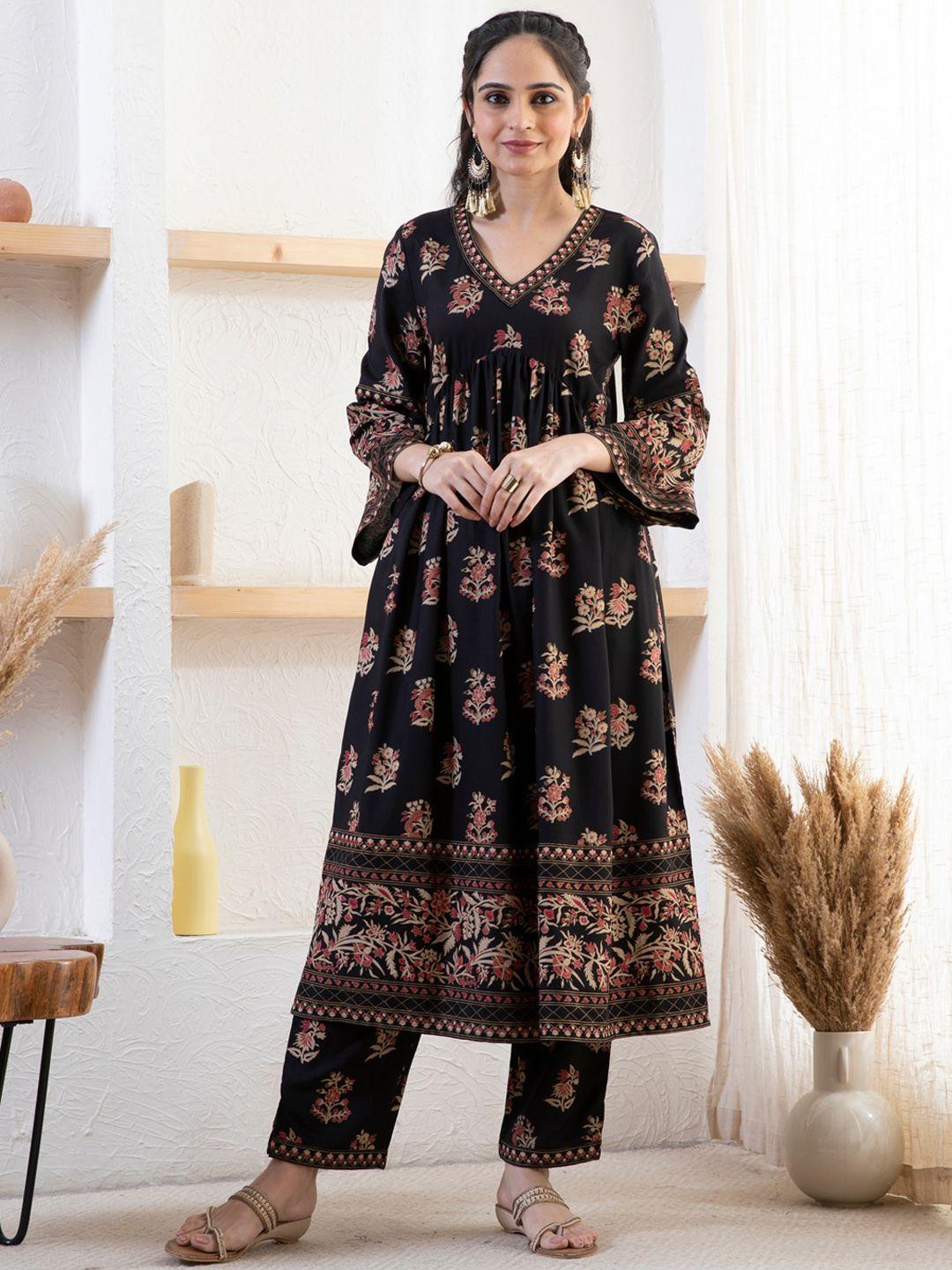 rustorange floral printed anarkali pleated kurta with trousers