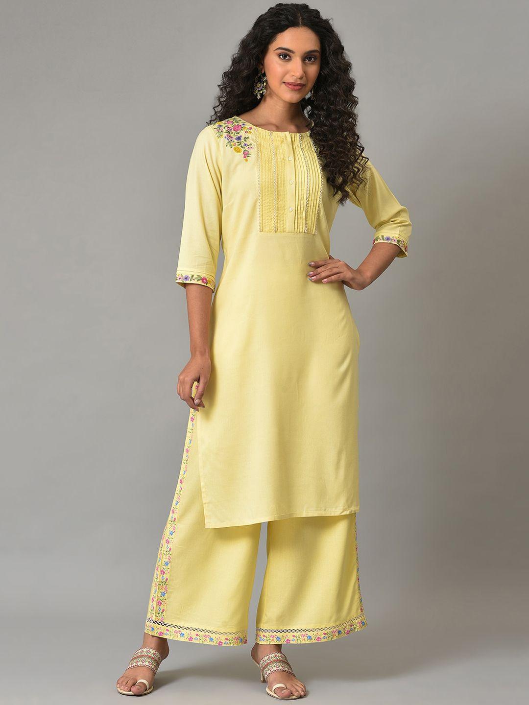 w plus size floral embroidered boat neck kurta