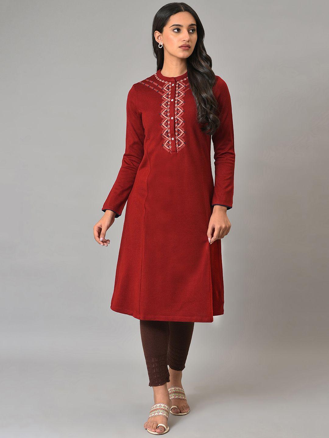 w geometric embroidered mandarin collar thread work acrylic kurta