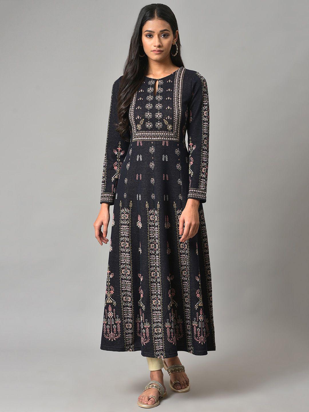 w plus size ethnic motifs printed keyhole neck panelled anarkali kurta