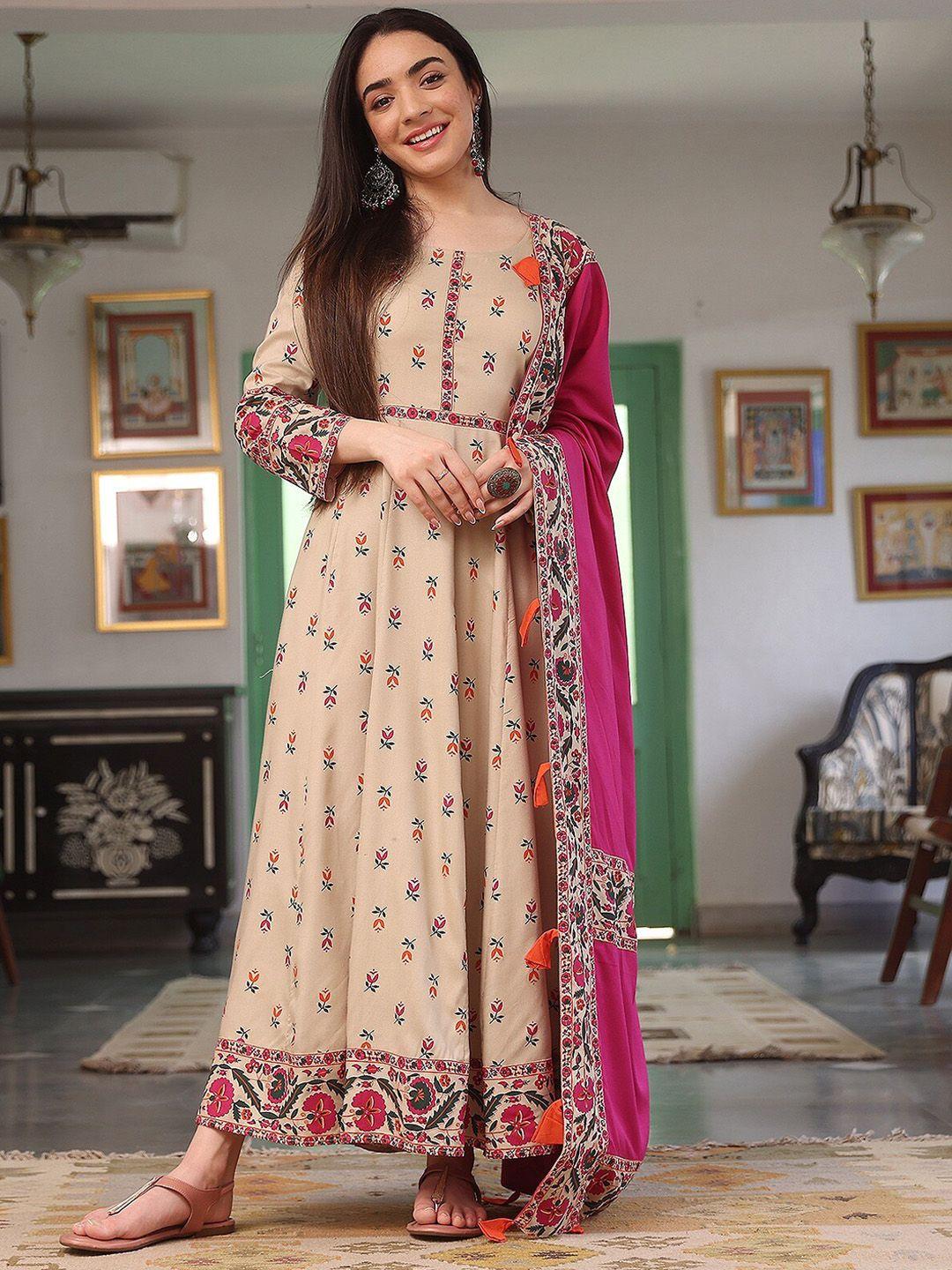 rustorange floral printed anarkali kurta with dupatta