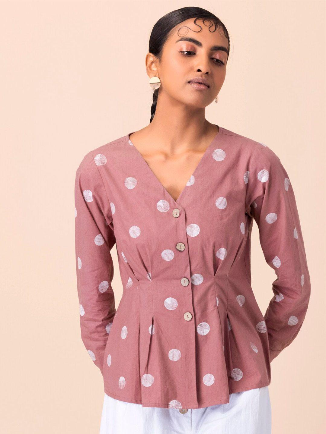 indya v-neck polka dot printed pure cotton peplum top