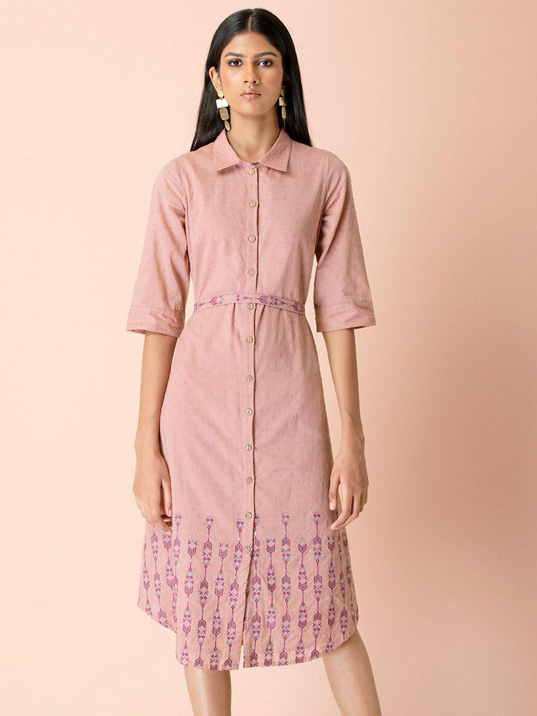 indya floral embroidered shirt cotton midi dress