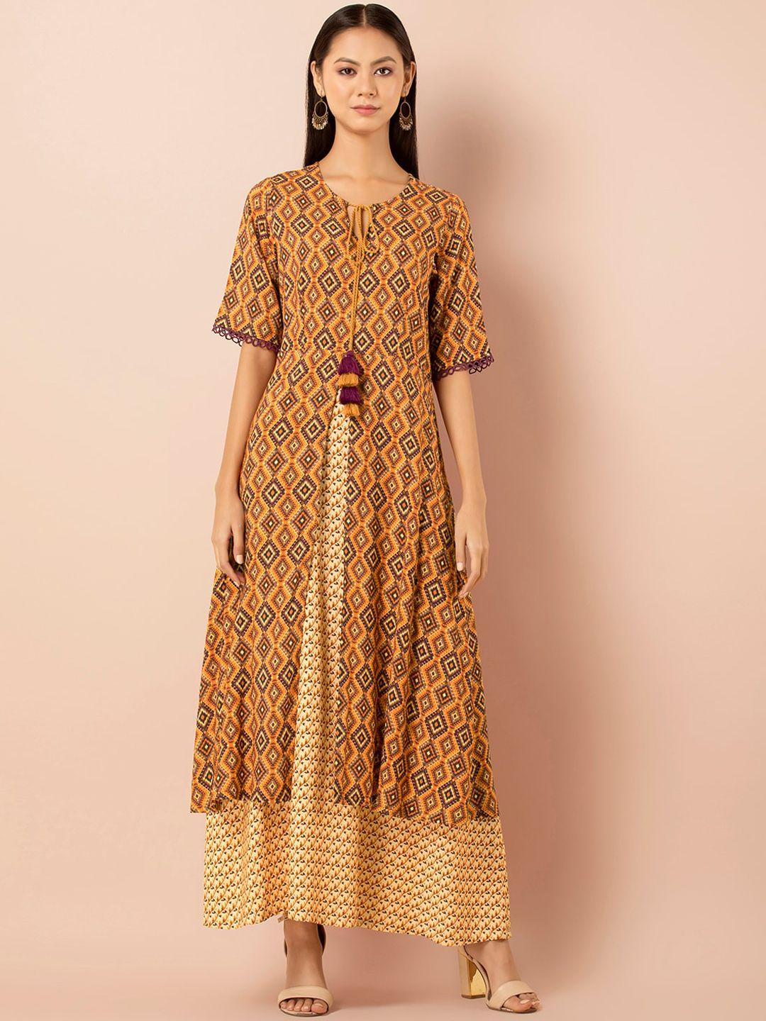 indya ethnic motifs printed tie up neck layered kurta