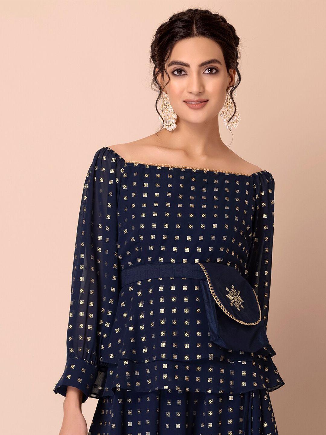 indya foil printed off-shoulder top with fanny bag