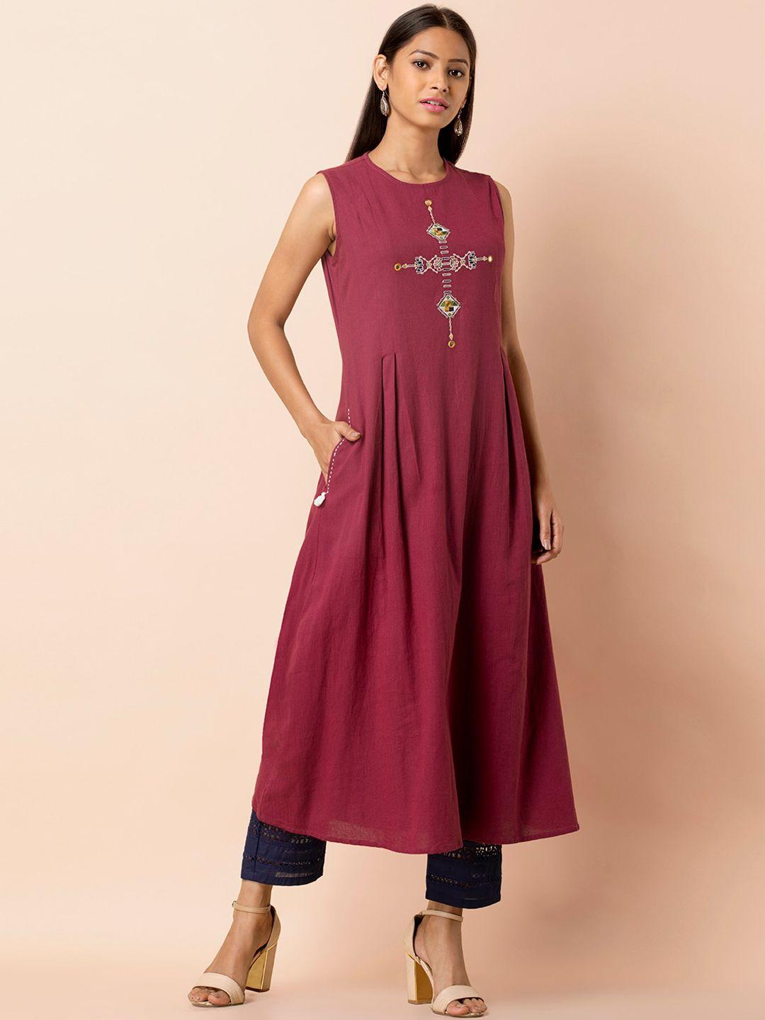 indya ethnic motif embroidered mirror work pure cotton a-line kurta