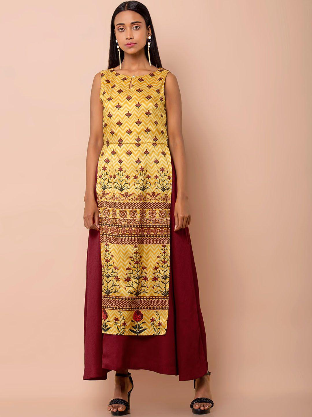 indya floral printed boat neck sleeveless kurta