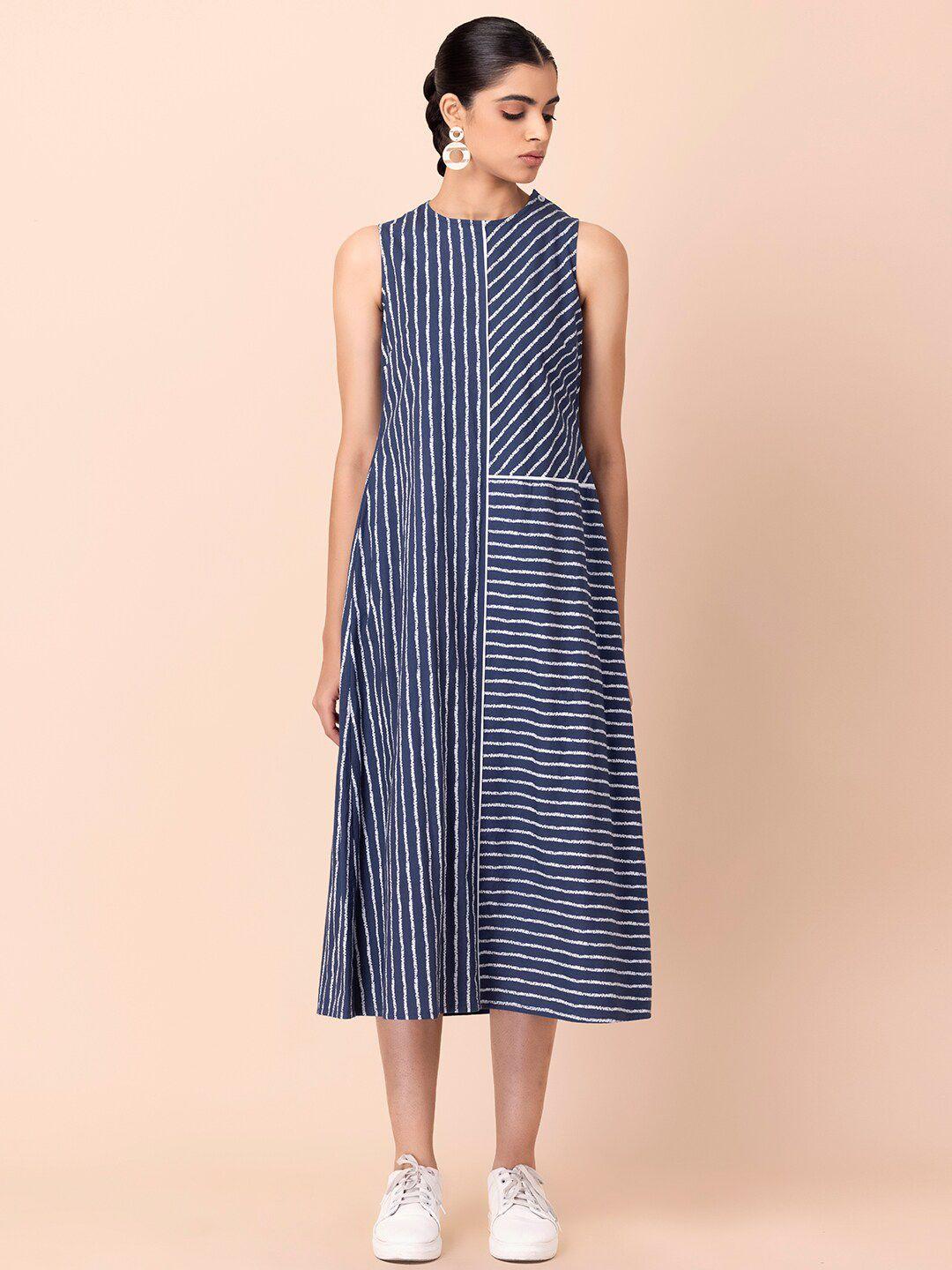 indya striped pleated pure cotton a-line dress