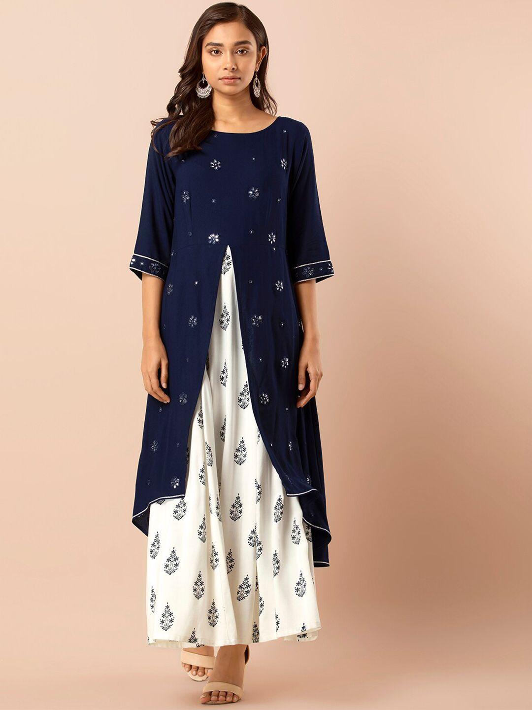 indya floral embroidered mirror work layered a-line kurta