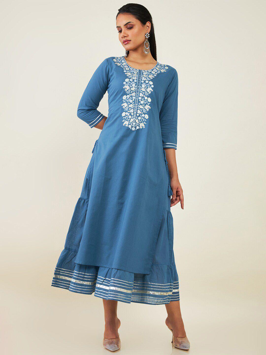 soch round neck floral embroidered fit and flare cotton ethnic dress