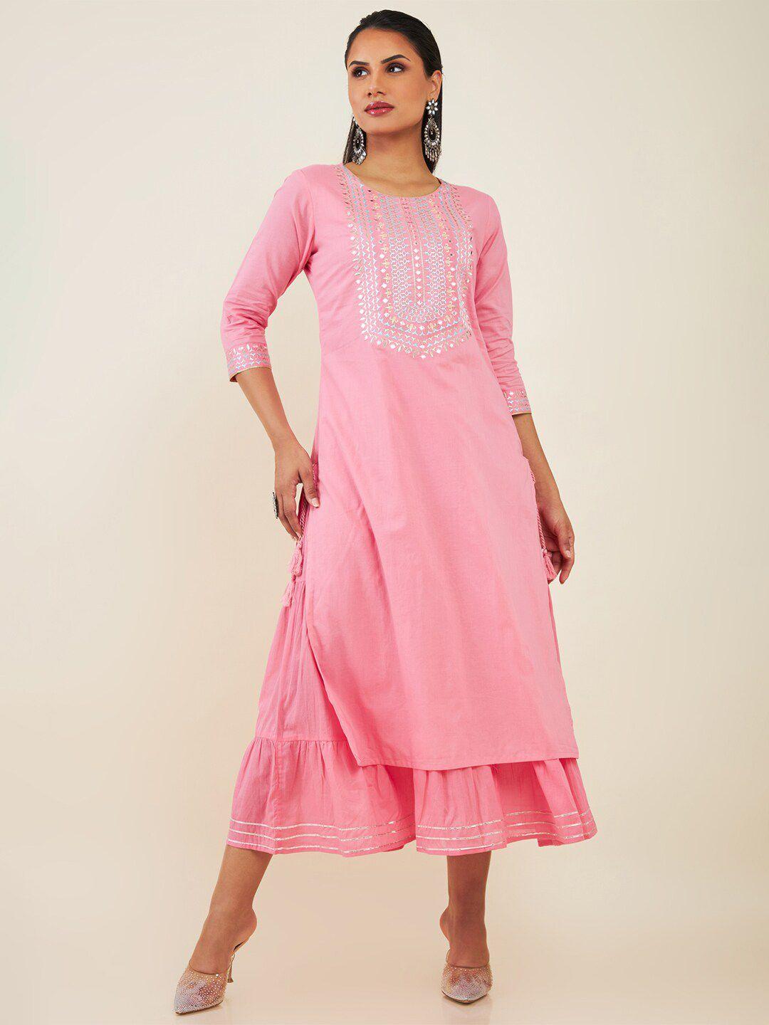 soch round neck floral embroidered cotton fit and flare dress