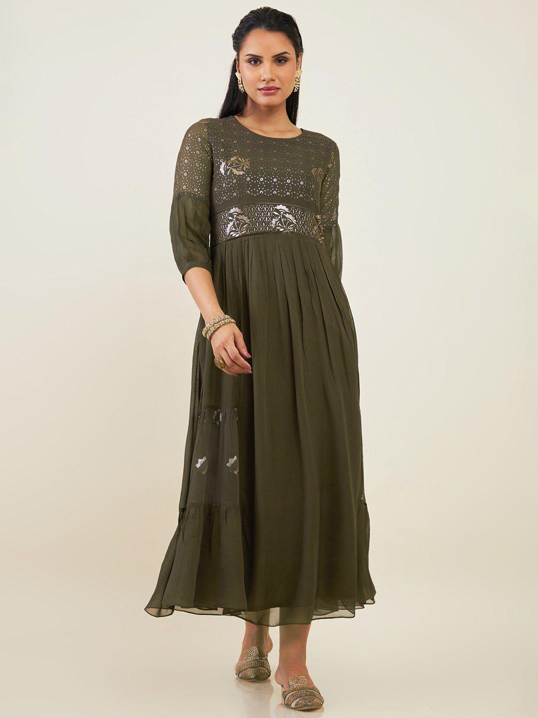 soch round neck embellished georgette maxi fit and flare ethnic dress