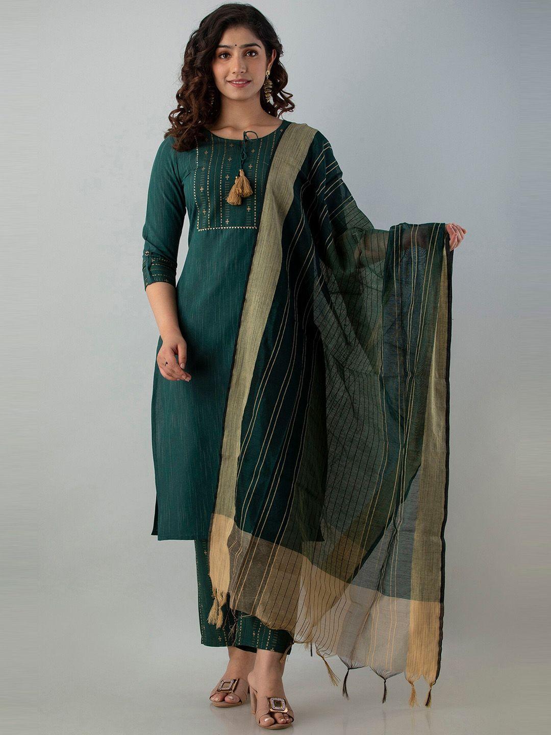 charu ethnic motifs printed tie-up neck gotta patti kurta with trousers & dupatta