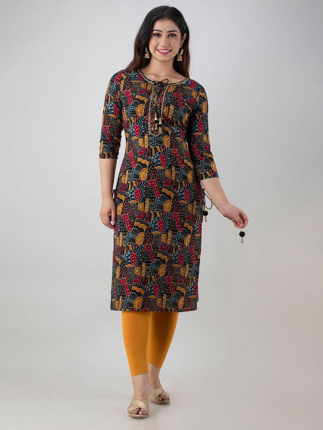 charu abstract printed tie-up neck mirror work kurta