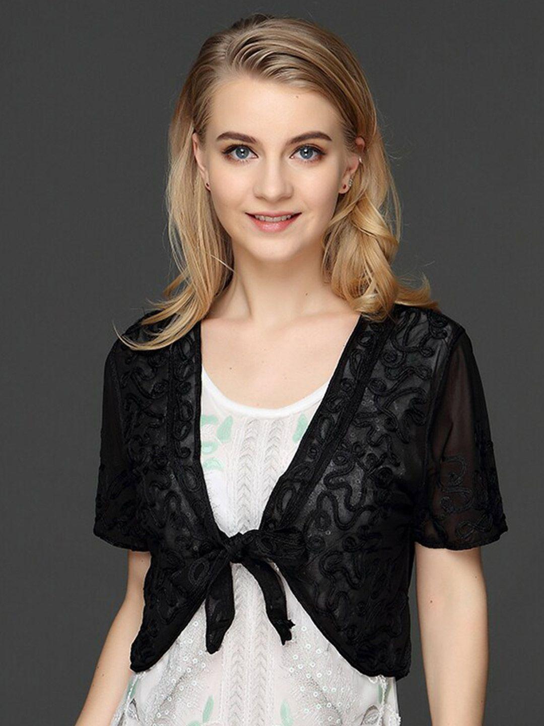 jc collection embroidered sheer crop tie-up shrug