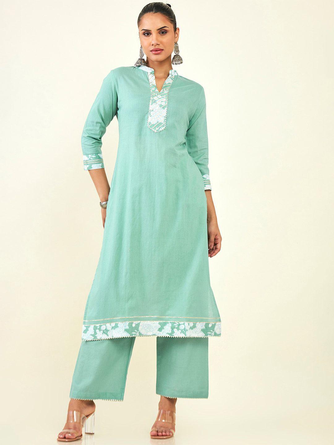 soch floral printed gotta patti a-line pure cotton kurta with trousers